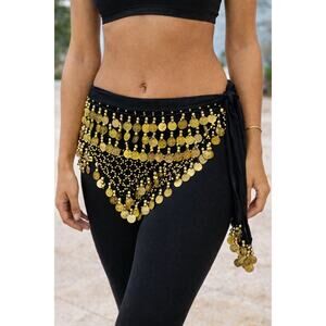 Black Gold Coin Belly Dance Hip Scarf M Belt Costume Festival Boho Tribal Wrap